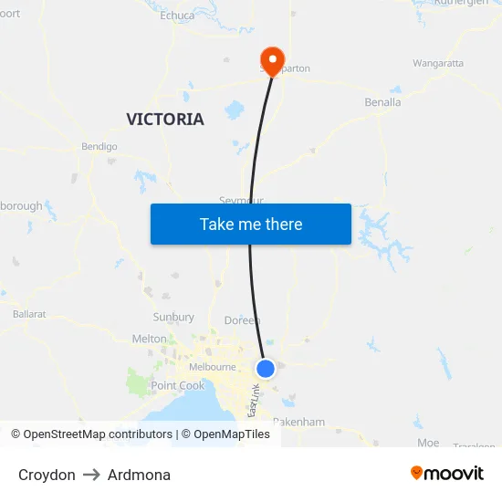 Croydon to Ardmona map