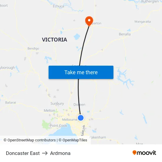 Doncaster East to Ardmona map
