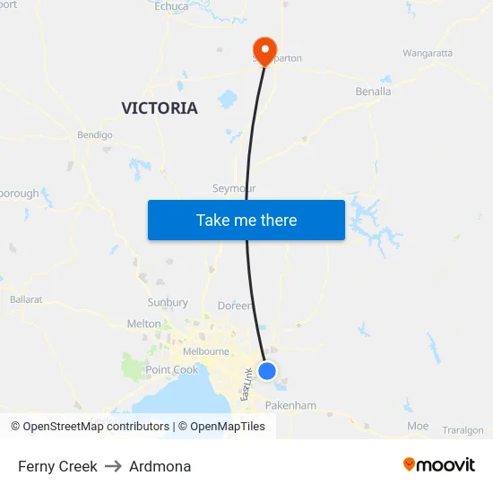 Ferny Creek to Ardmona map