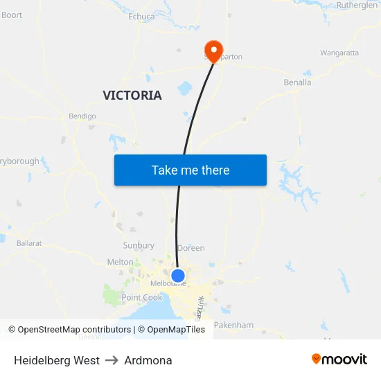 Heidelberg West to Ardmona map