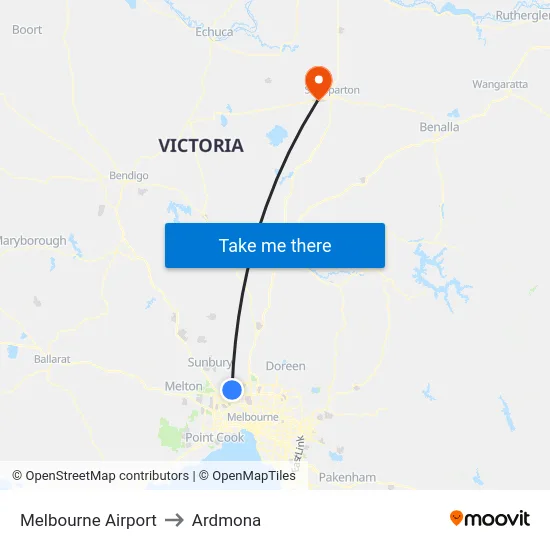 Melbourne Airport to Ardmona map
