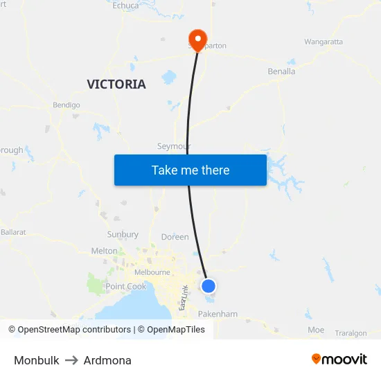 Monbulk to Ardmona map