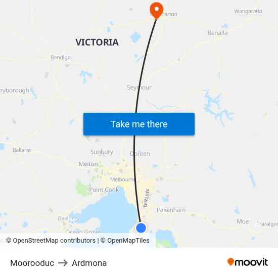 Moorooduc to Ardmona map
