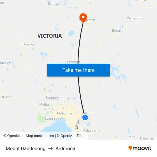 Mount Dandenong to Ardmona map
