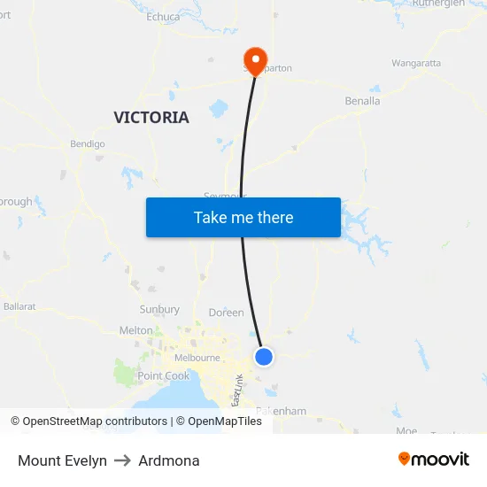 Mount Evelyn to Ardmona map