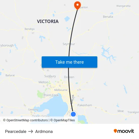Pearcedale to Ardmona map