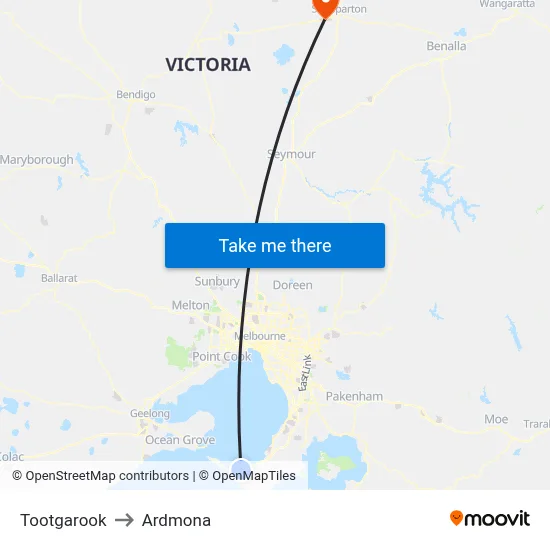 Tootgarook to Ardmona map