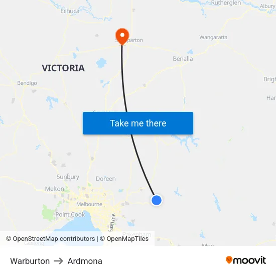 Warburton to Ardmona map
