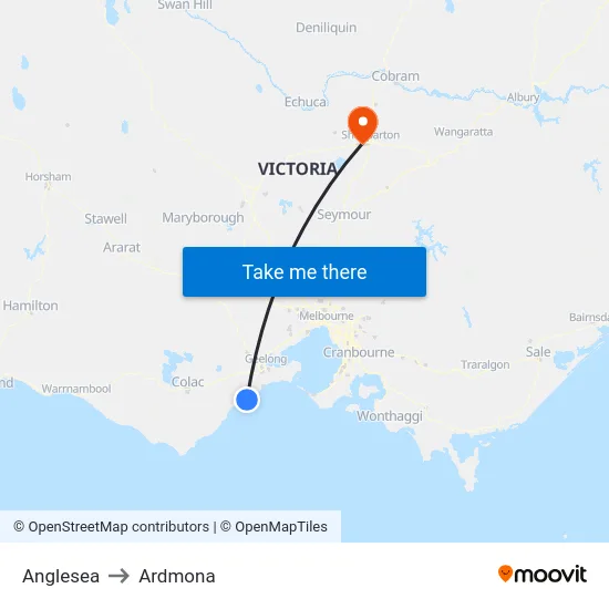 Anglesea to Ardmona map