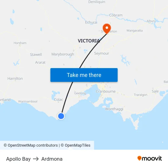 Apollo Bay to Ardmona map