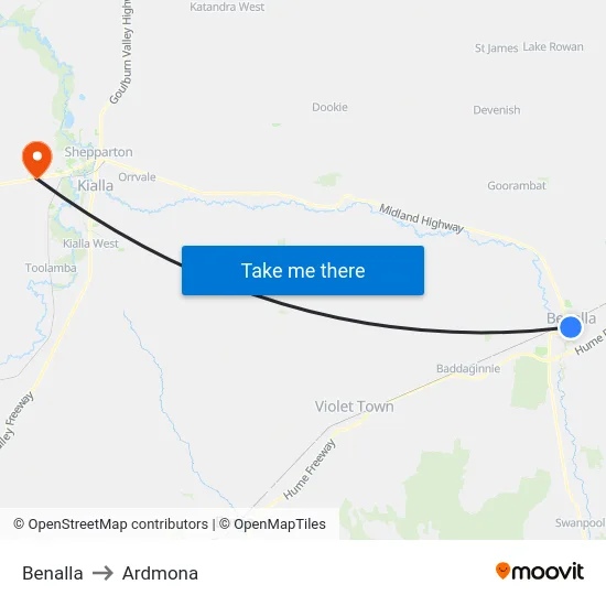 Benalla to Ardmona map