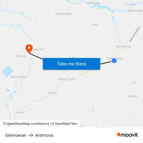 Glenrowan to Ardmona map