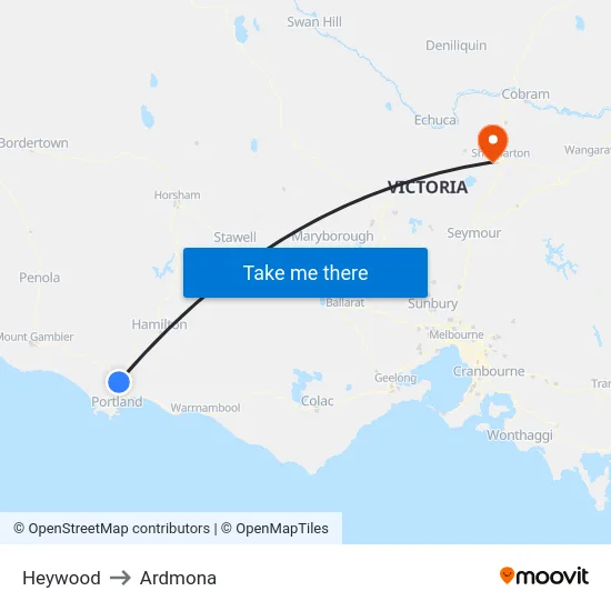 Heywood to Ardmona map