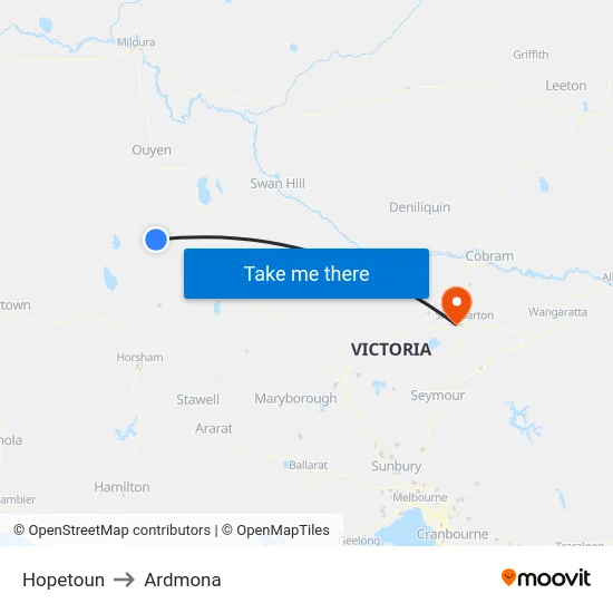 Hopetoun to Ardmona map