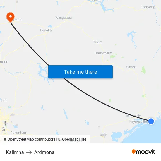 Kalimna to Ardmona map