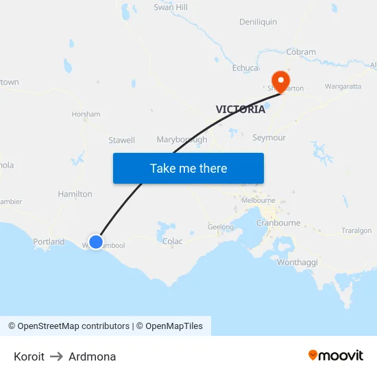 Koroit to Ardmona map