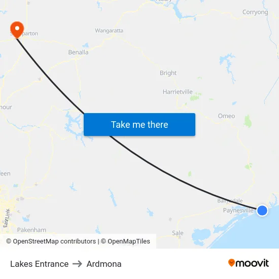 Lakes Entrance to Ardmona map