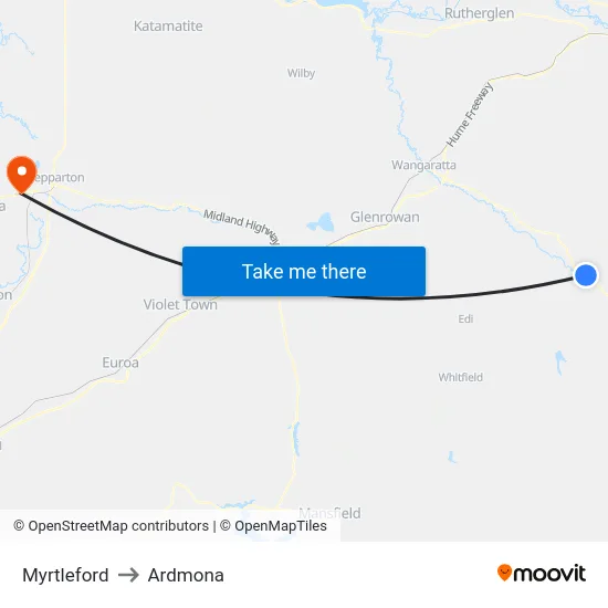 Myrtleford to Ardmona map