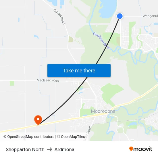 Shepparton North to Ardmona map