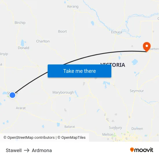 Stawell to Ardmona map