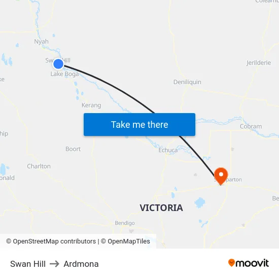 Swan Hill to Ardmona map