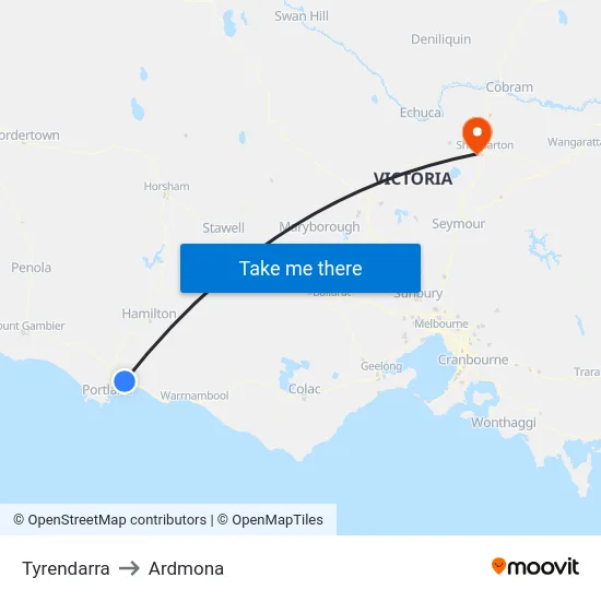 Tyrendarra to Ardmona map