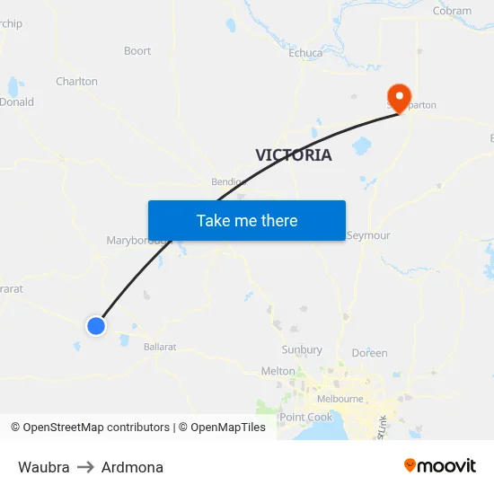 Waubra to Ardmona map