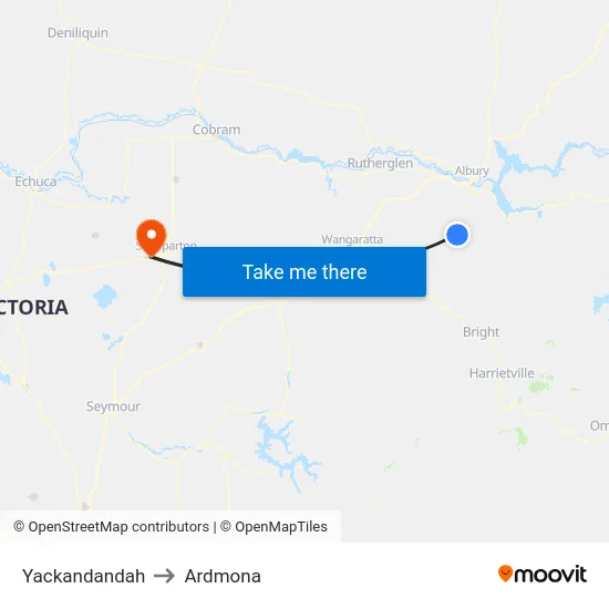 Yackandandah to Ardmona map