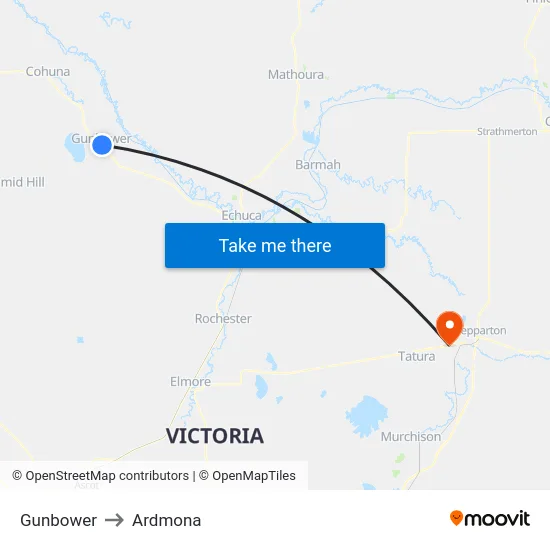 Gunbower to Ardmona map