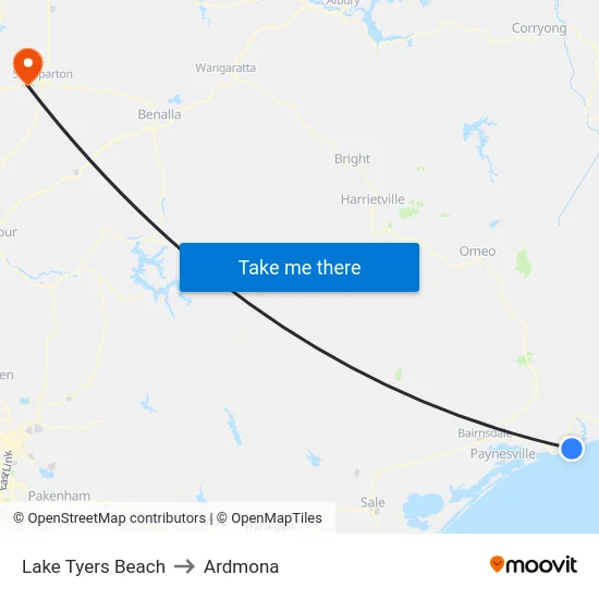 Lake Tyers Beach to Ardmona map