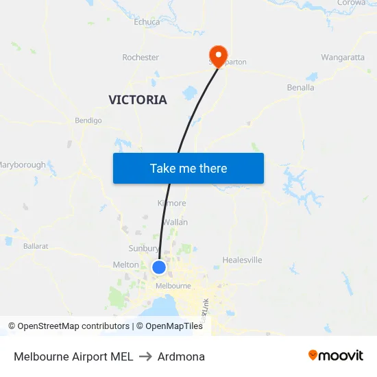 Melbourne Airport MEL to Ardmona map