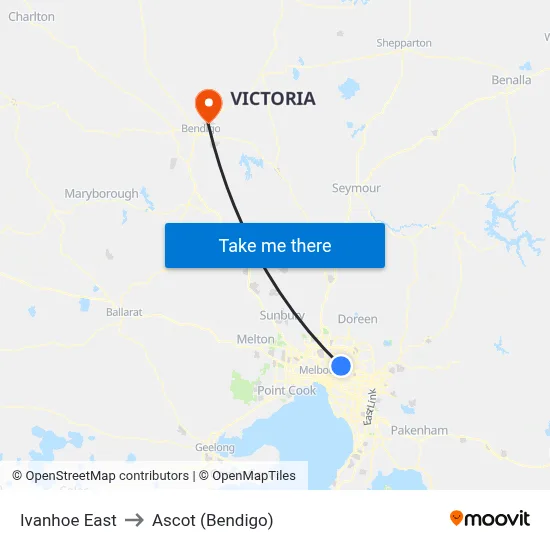 Ivanhoe East to Ascot (Bendigo) map