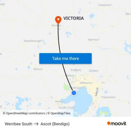 Werribee South to Ascot (Bendigo) map