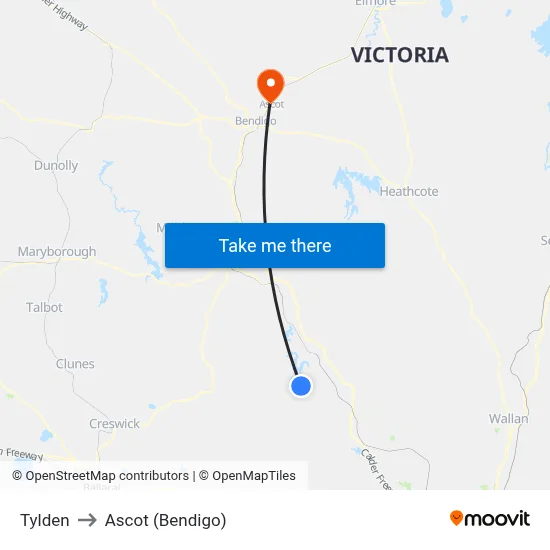 Tylden to Ascot (Bendigo) map
