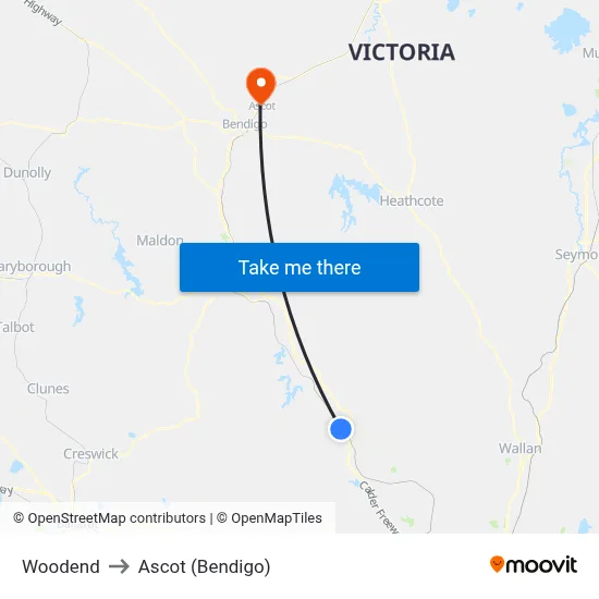 Woodend to Ascot (Bendigo) map