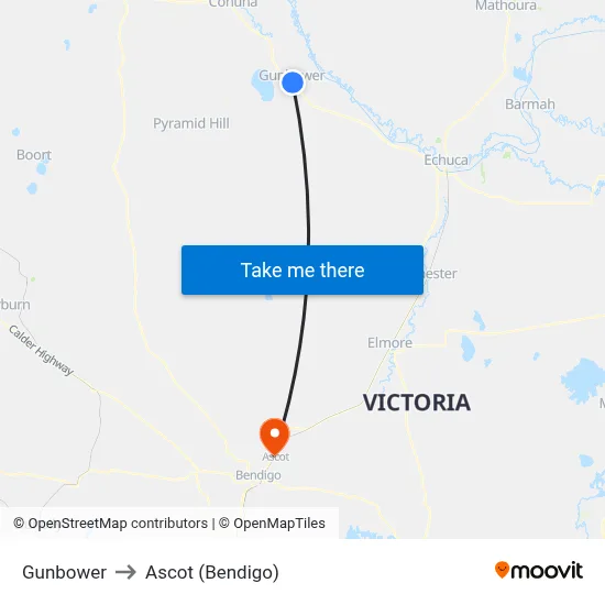 Gunbower to Ascot (Bendigo) map