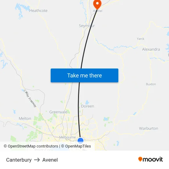 Canterbury to Avenel map