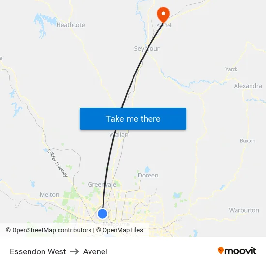 Essendon West to Avenel map