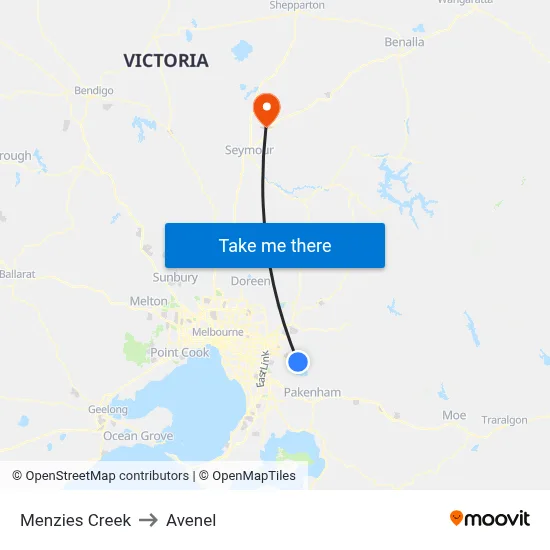 Menzies Creek to Avenel map