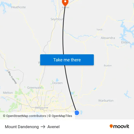 Mount Dandenong to Avenel map
