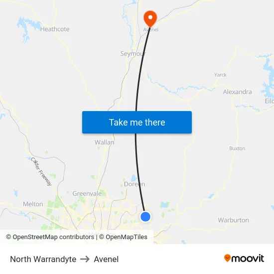 North Warrandyte to Avenel map