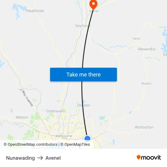 Nunawading to Avenel map