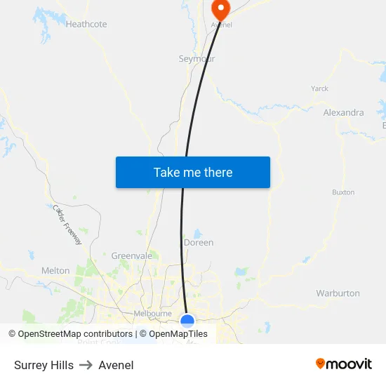 Surrey Hills to Avenel map