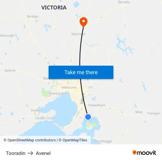 Tooradin to Avenel map