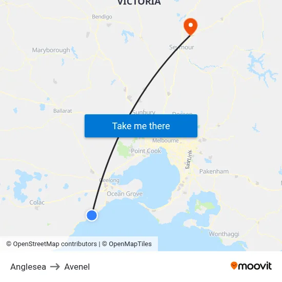 Anglesea to Avenel map