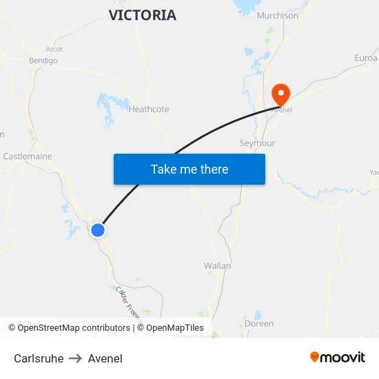 Carlsruhe to Avenel map