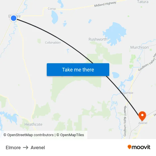 Elmore to Avenel map