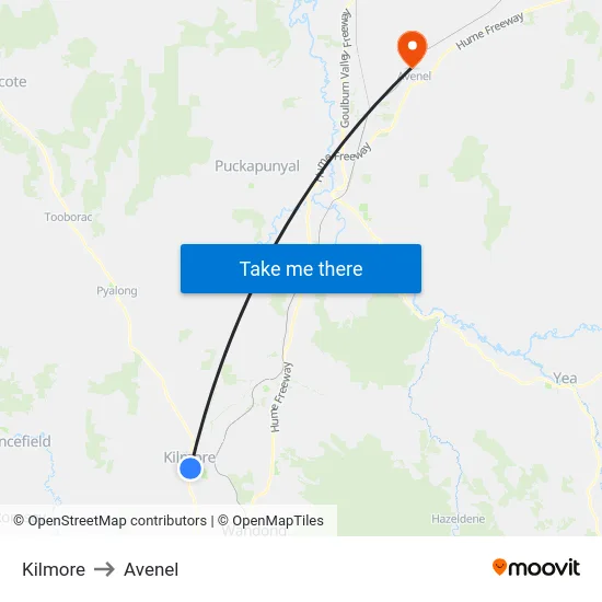 Kilmore to Avenel map
