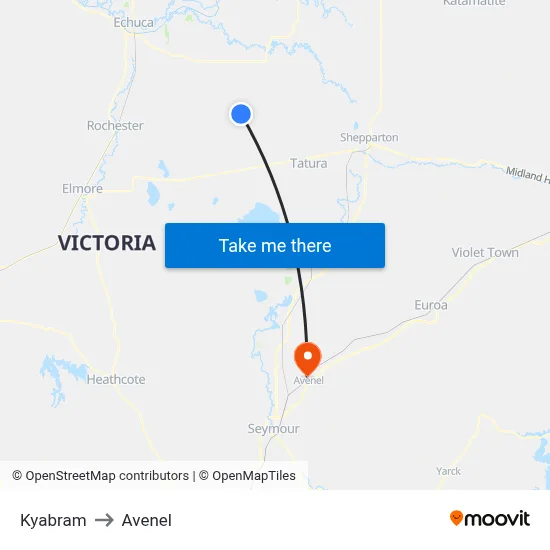 Kyabram to Avenel map