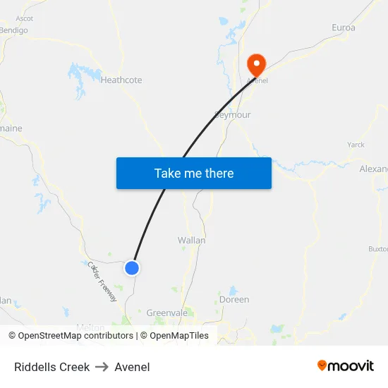 Riddells Creek to Avenel map